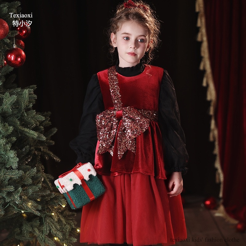 Txxkids特小汐女童圣诞新年红色蝴蝶结背心裙闪亮高级年服生日裙