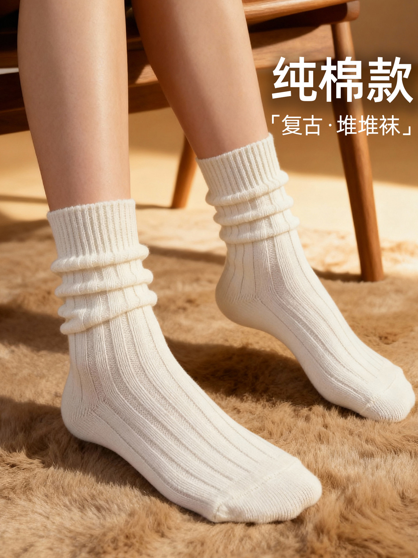 橙乙纯棉中筒袜子女堆堆袜春秋白色粗针黑色全棉条纹长筒袜不勒