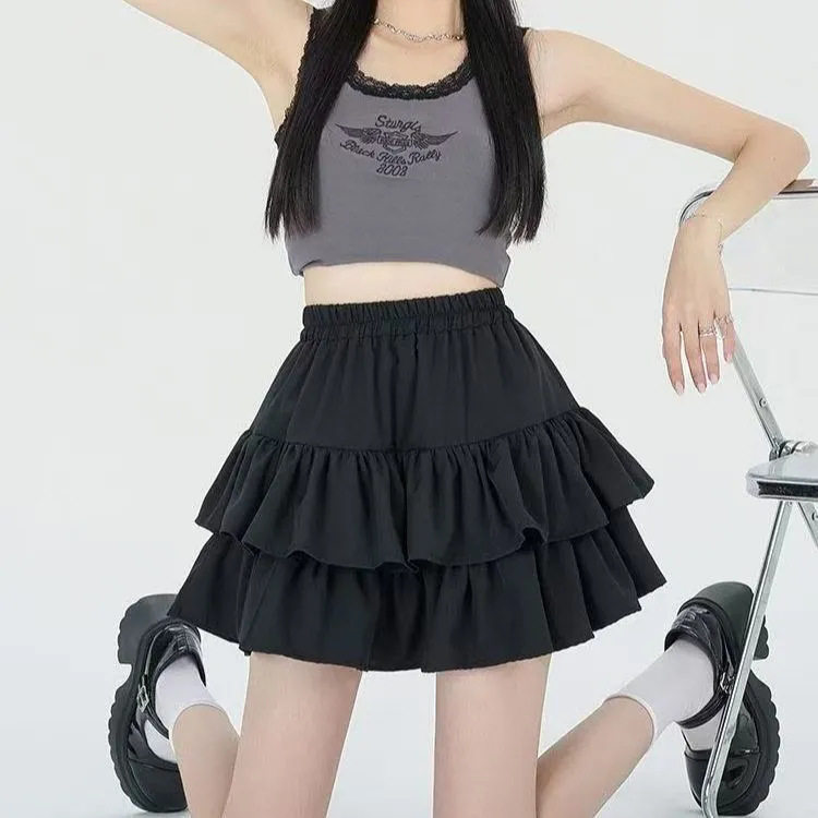 夏季新款荷叶蓬蓬蛋糕裙女百搭显瘦短裙高腰可爱小个子半身裙