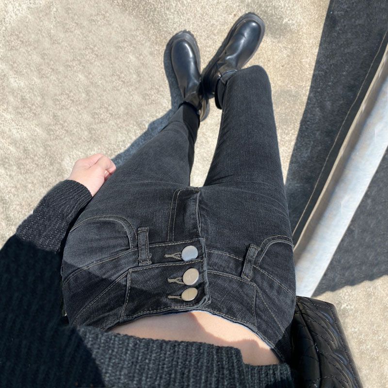 三排扣高腰牛仔裤女小脚裤202打底裤