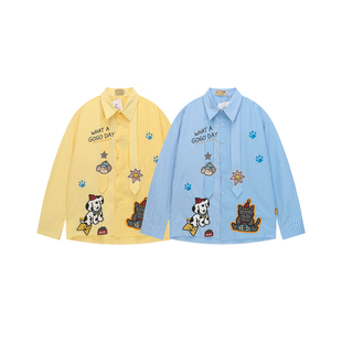 男女宽松衬衣 衬衫 M.FOUR美式 复古趣味卡通猫咪刺绣长袖