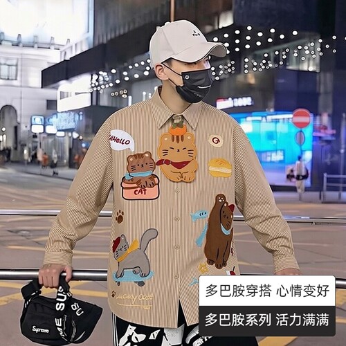 美式复古猫咪刺绣宽松情侣衬衫