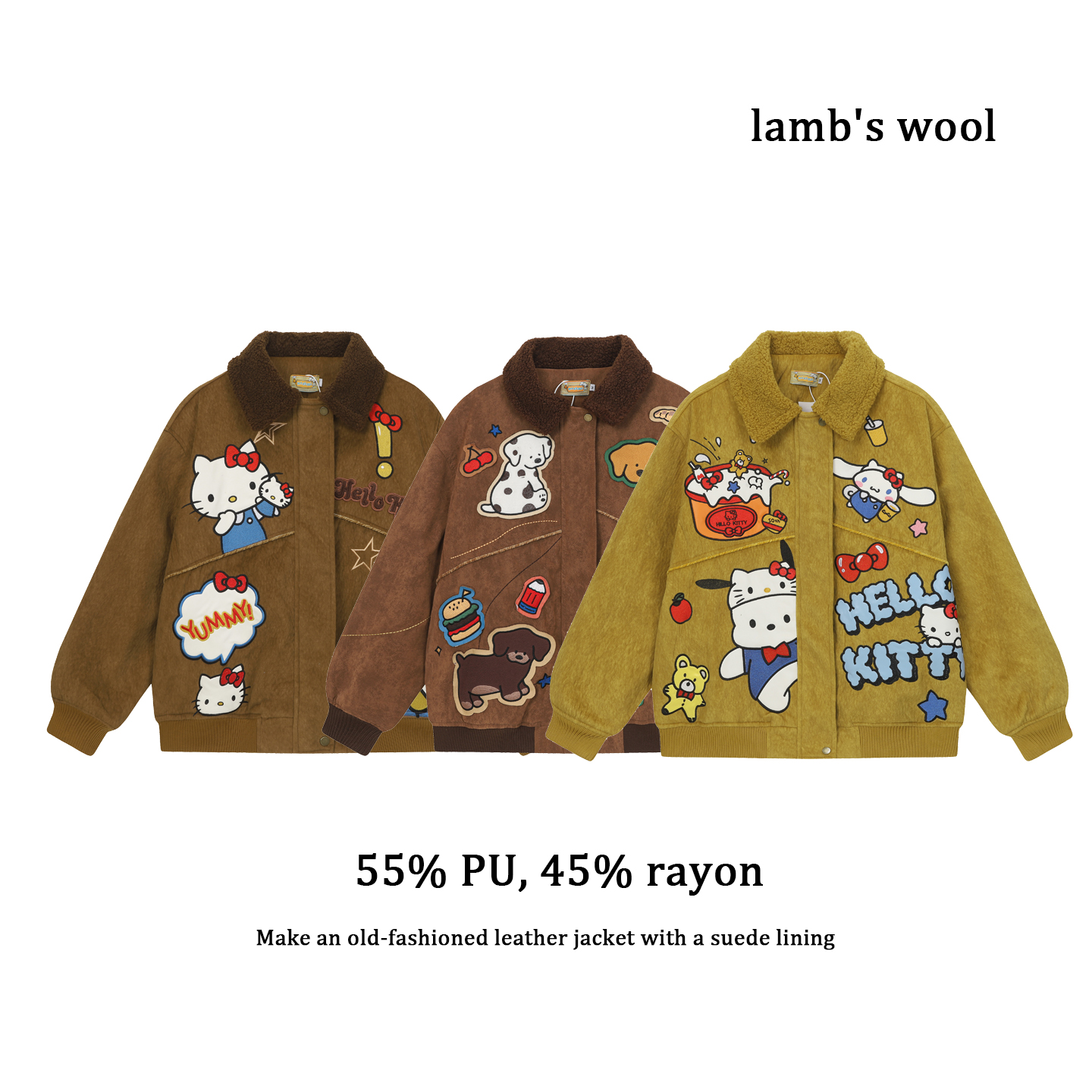 卡通可爱风翻领刺绣皮PU保暖棉衣男女宽松加厚羊羔毛内胆棉袄外套