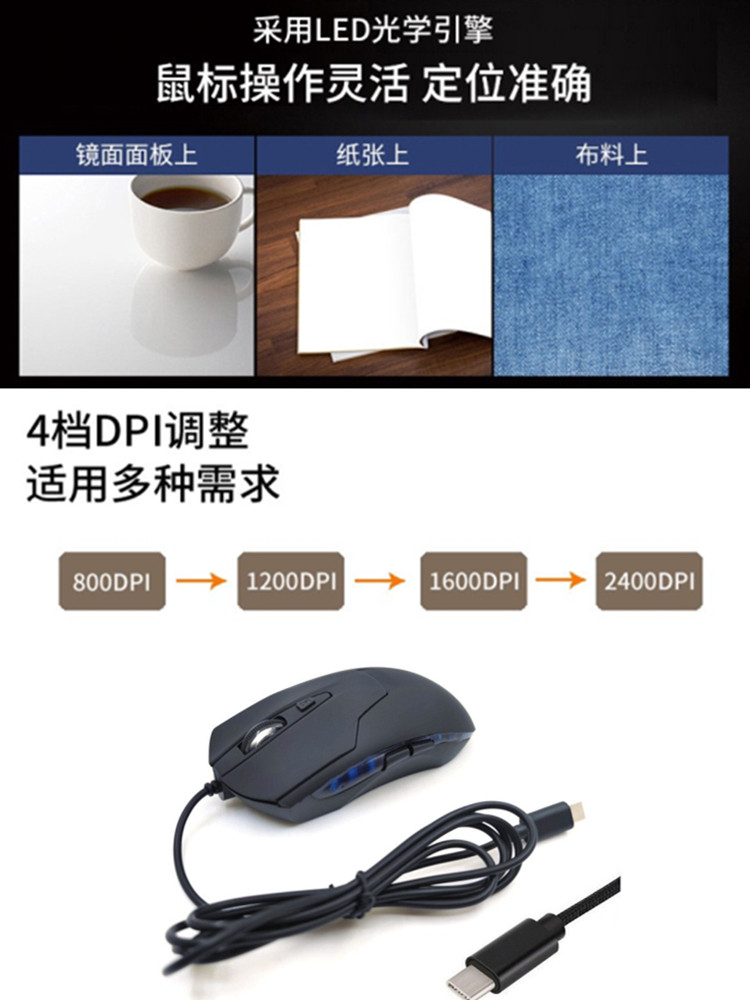TYPE-C 인터페이스 유선 마우스 컴퓨터 태블릿 휴대폰은 사무용 전자 스포츠 기계 청색광 발광 연장선에 사용할 수 있습니다