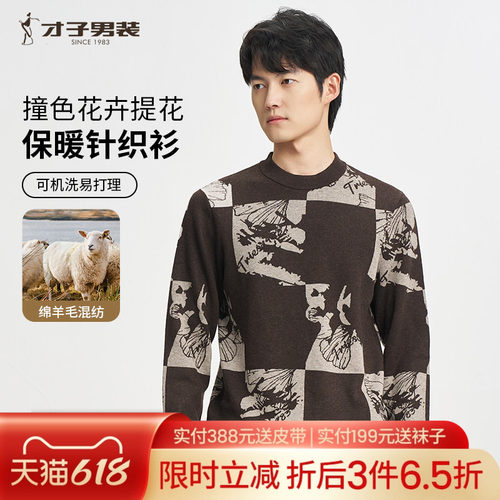 才子撞色提花圆领针织衫