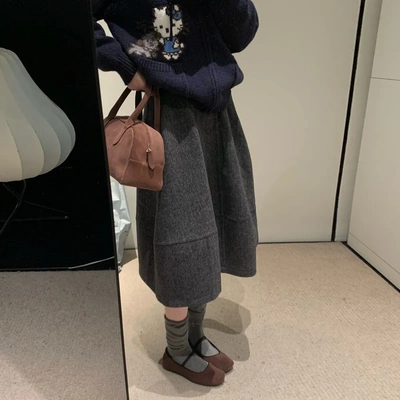 灰色毛呢半身裙女秋冬新款高腰遮跨a字裙小个子复古显瘦花苞裙子