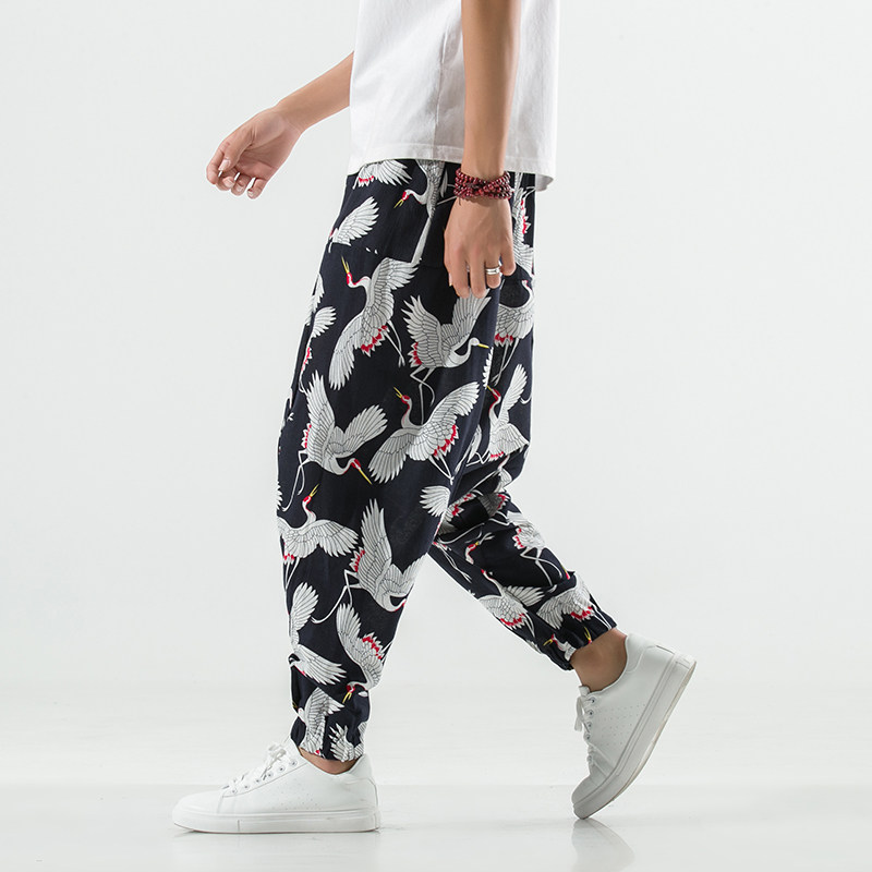 2021夏季新款仙鹤风潮流中国风男休闲长裤棉麻宽松低裆跨裤K55P40，男装休闲裤，星座1217-2