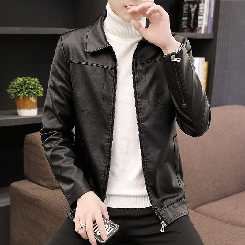 主推春季新款修身韩版帅气男士翻领外套商务休闲皮夹克男7570-P65,男装皮衣,星座1217-2