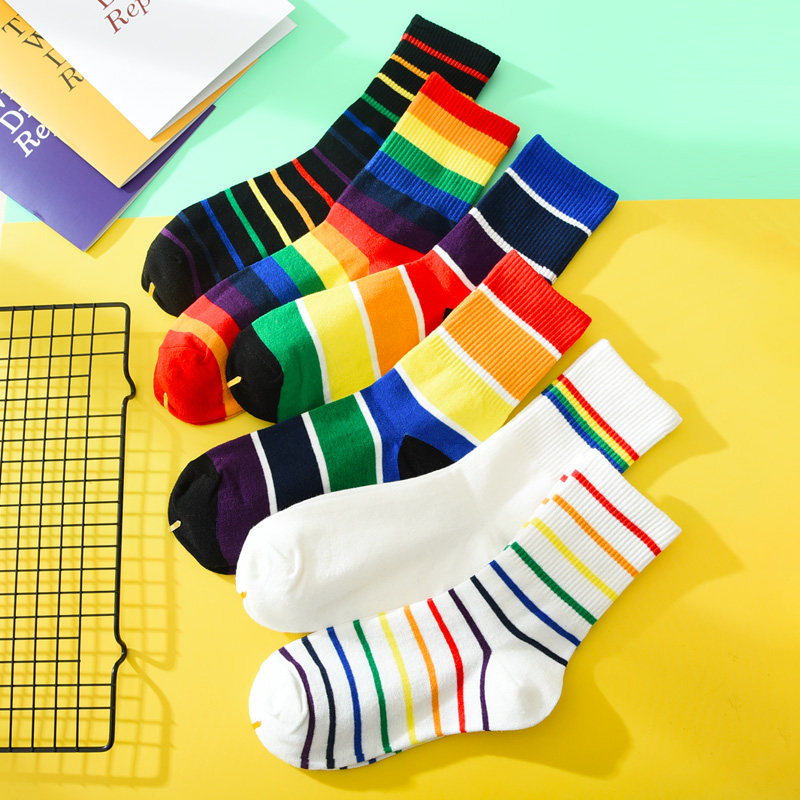 彩色袜子女学院风棉袜日系ins潮中筒高筒长袜韩版街头网红彩虹袜