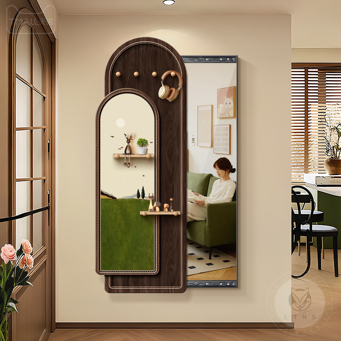 中古风玄关镜子装饰画推拉隐藏式全身镜挂画可遮挡隐形穿衣镜壁画,家居饰品,现代装饰画,淘宝优惠券,粉丝福利购,淘宝优惠卷