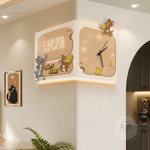 猫和老鼠客厅转角时钟万年历电子双面钟表奶油风高端卡通拐角挂钟