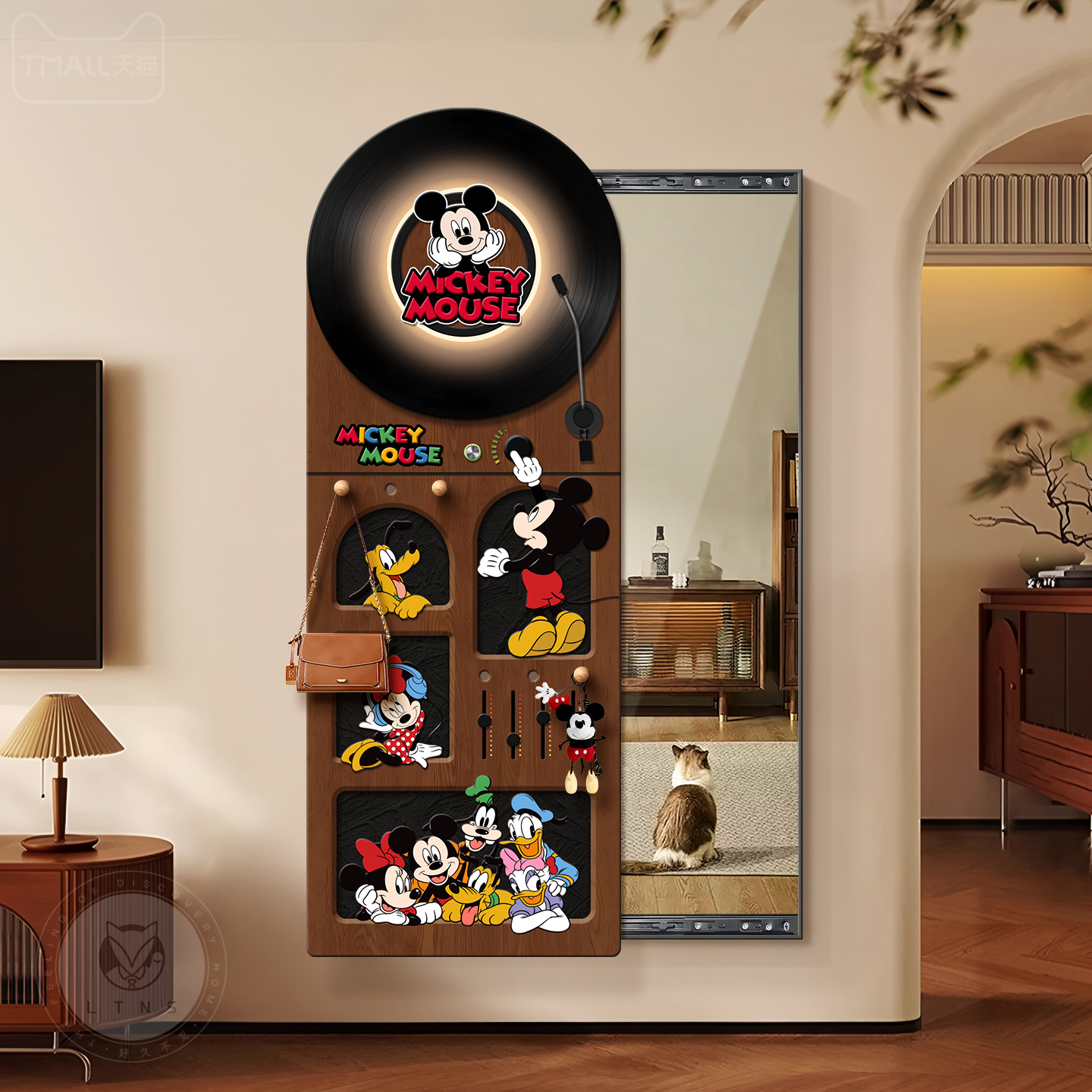 中古风米奇玄关镜子装饰画洞洞板暗藏式遮挡穿衣镜推拉隐形全身镜