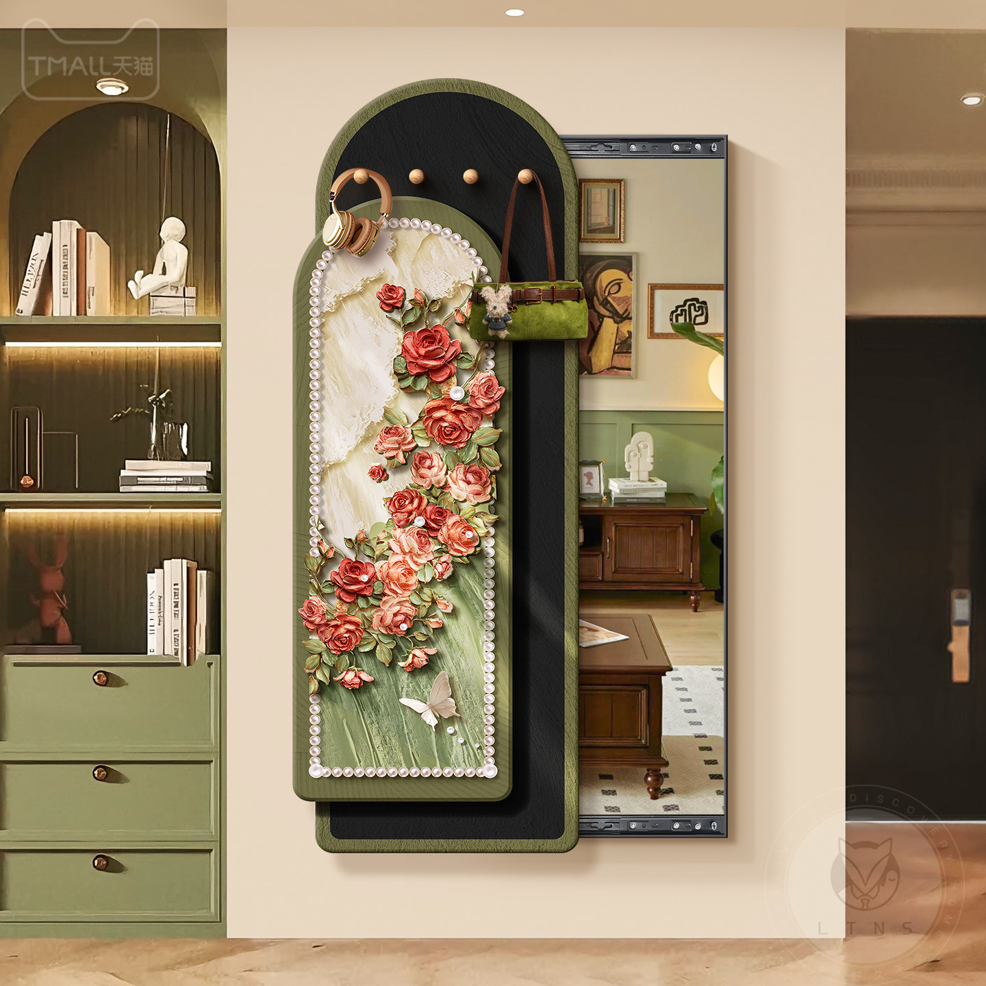 中古风玄关镜子装饰画推拉隐藏式全身镜挂画洞洞板隐形穿衣镜壁画