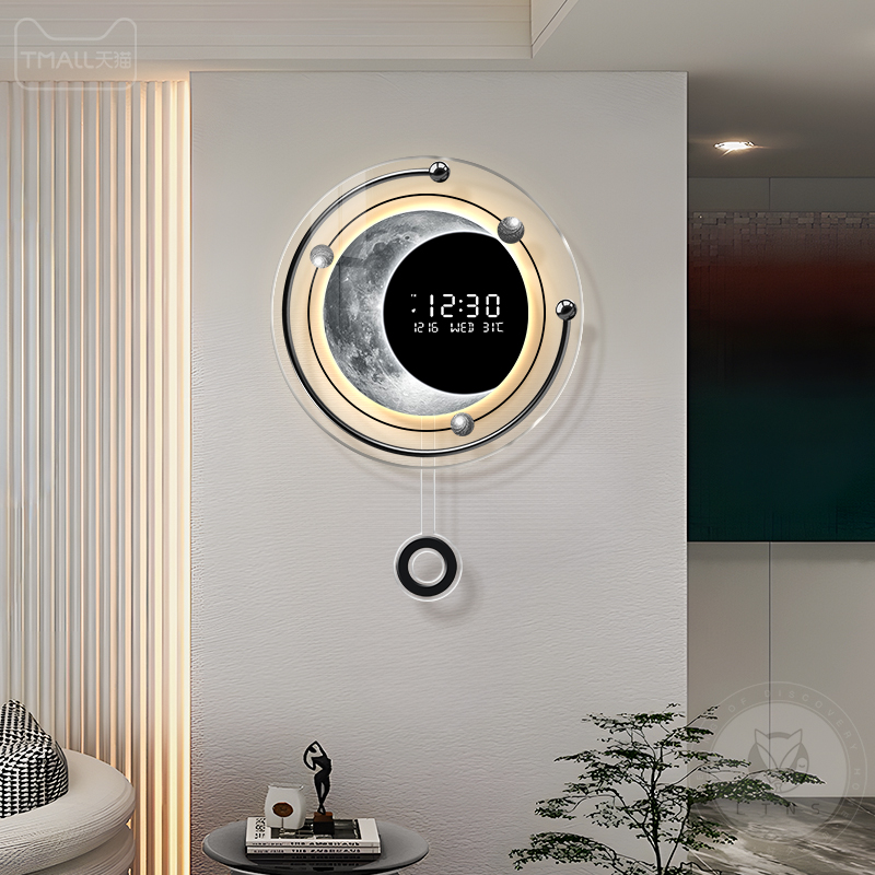 现代极简客厅电视背景墙挂钟家用数显万年历时钟高档月球装饰钟表