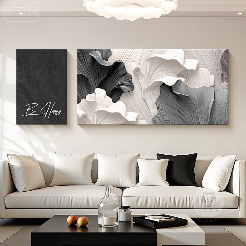 黑白客厅装饰画银杏叶高级感肌理砂岩壁画抽象艺术沙发背景墙挂画