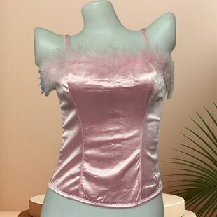 四季骨衣欧美辣妹风抹胸背心女羽毛紧身鱼骨小众炸街纯欲上衣掉毛