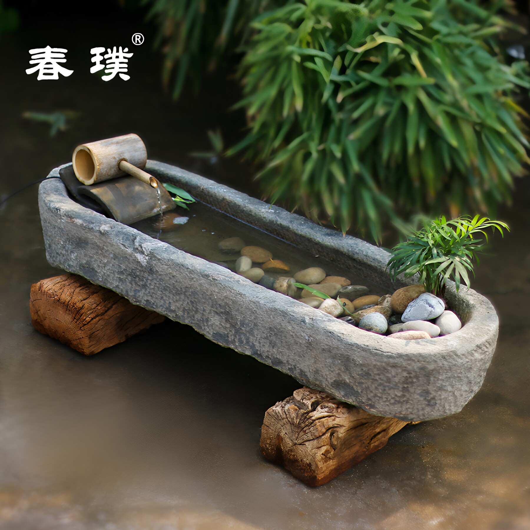 老石槽流水摆件户外庭院石缸景观旧石头鱼缸花盆猪槽阳台水景组合