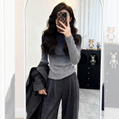 巨好看韩系漂亮上衣 女2026早春季 黑灰撞色渐变修身 内搭打底针织衫