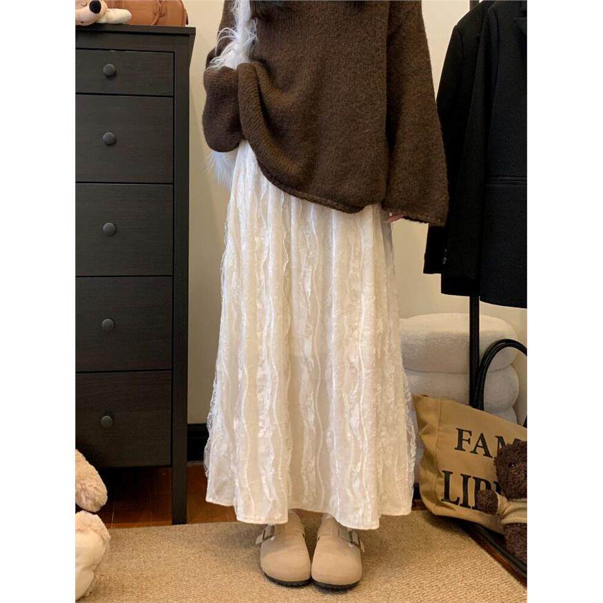 大码巨好看蕾丝花边丝绒半身裙女秋冬季胖mm高腰垂感中长款a字裙