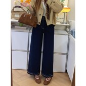 加绒深蓝色刺绣牛仔裤 子 女秋冬胖妹妹梨形身材宽松显瘦直筒阔腿裤