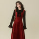 复古假两件红色连衣裙冬季 毛呢长裙新年战袍