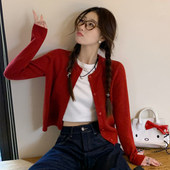 春秋毛衣秋季 女2025新款 穿搭外套学院风上衣 衫 红色针织开