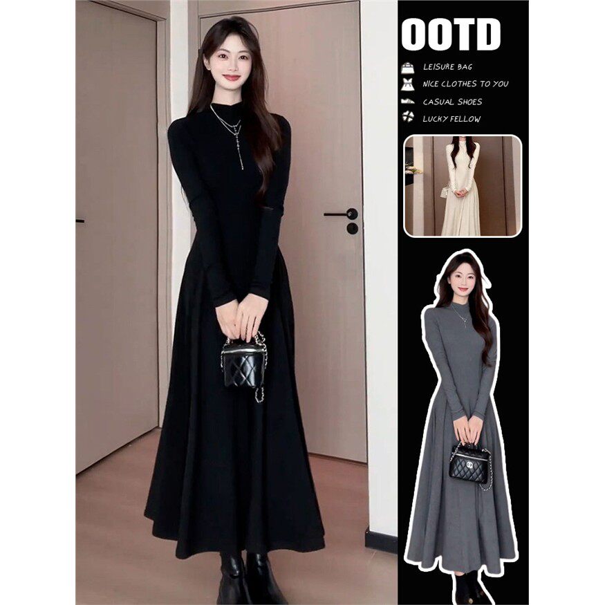 气质长袖黑色针织连衣裙子女秋冬季2025新款配大衣的内搭打底长裙