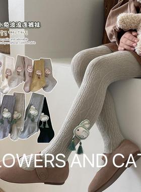 25新品女童春秋季薄款连裤袜子儿童国风小兔灰色针织棉打底裤宝宝