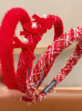 毛绒红色中国风发箍流苏发夹儿童卡通发饰发卡女童蝴蝶结头饰对夹