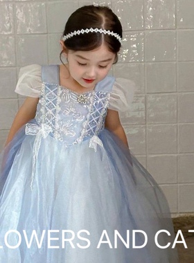 女童夏季新款网纱连衣裙儿童蓝色爱沙公主裙宝宝蓬蓬裙节日礼服裙