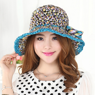 韩版 帽子女夏天手工编织布条帽子遮阳帽防晒太阳帽夏季 针织渔夫帽