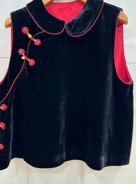 小艺欧货女装2026春季新款中式国风娃娃领丝绒盘扣无袖背心26692H