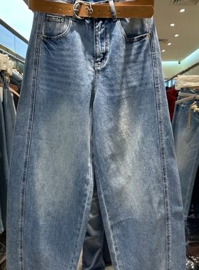 小艺欧货女装2026春季款高腰做旧百搭显瘦腰带款弯刀牛仔裤3220H