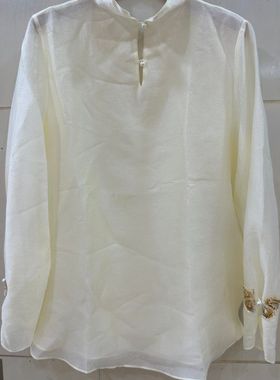 小艺欧货女装2026春季款珍珠盘扣中式立领蝴蝶刺绣长袖衬衫26652H