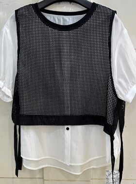 嘉雪莱5169H 夏季2026新款女装时尚圆领短袖网格假两件百搭上衣女