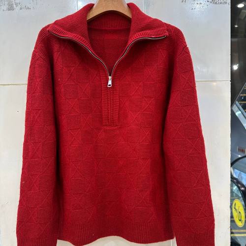 精品女装9228H 小艺欧货女装2025冬季红色半拉链大翻领减龄针织衫