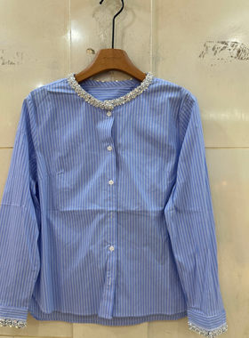 小艺欧货女装2026春季新款法式高级感圆领钉珠竖条纹衬衫68828H