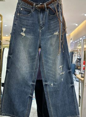 小艺欧货女装2026春夏款高腰直筒做旧破洞宽松显瘦牛仔裤 92162H