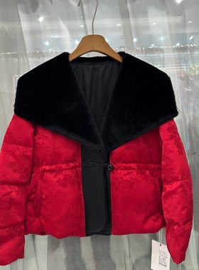 小艺欧货女装2025年冬季大翻领国风提花羽绒服皮草拼接外套9968H