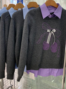 小艺欧货女装2025冬季新款樱桃蕾丝蝴蝶结假两件减龄针织衫65181H