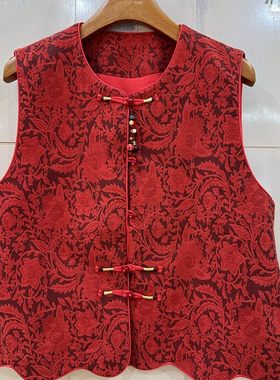 小艺欧货女装2026春季中式风红色提花复古盘扣无袖马甲外套26690H