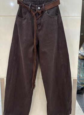 小艺欧货女装2025年冬季高腰直筒裤宽松腰带装饰加绒弯刀裤28201H