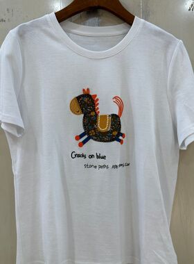 高端女装2026春季新款圆领短袖卡通风刺绣小马图案百搭T恤38039H