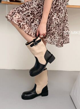 TLE MIKELN 复古风拼色高筒靴女夏季平跟圆头皮带扣工装靴增高靴