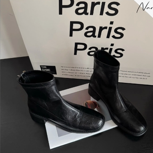 Narary鞋履气质粗跟瘦瘦靴弹力靴后拉链英伦风通勤短靴L0806 ·