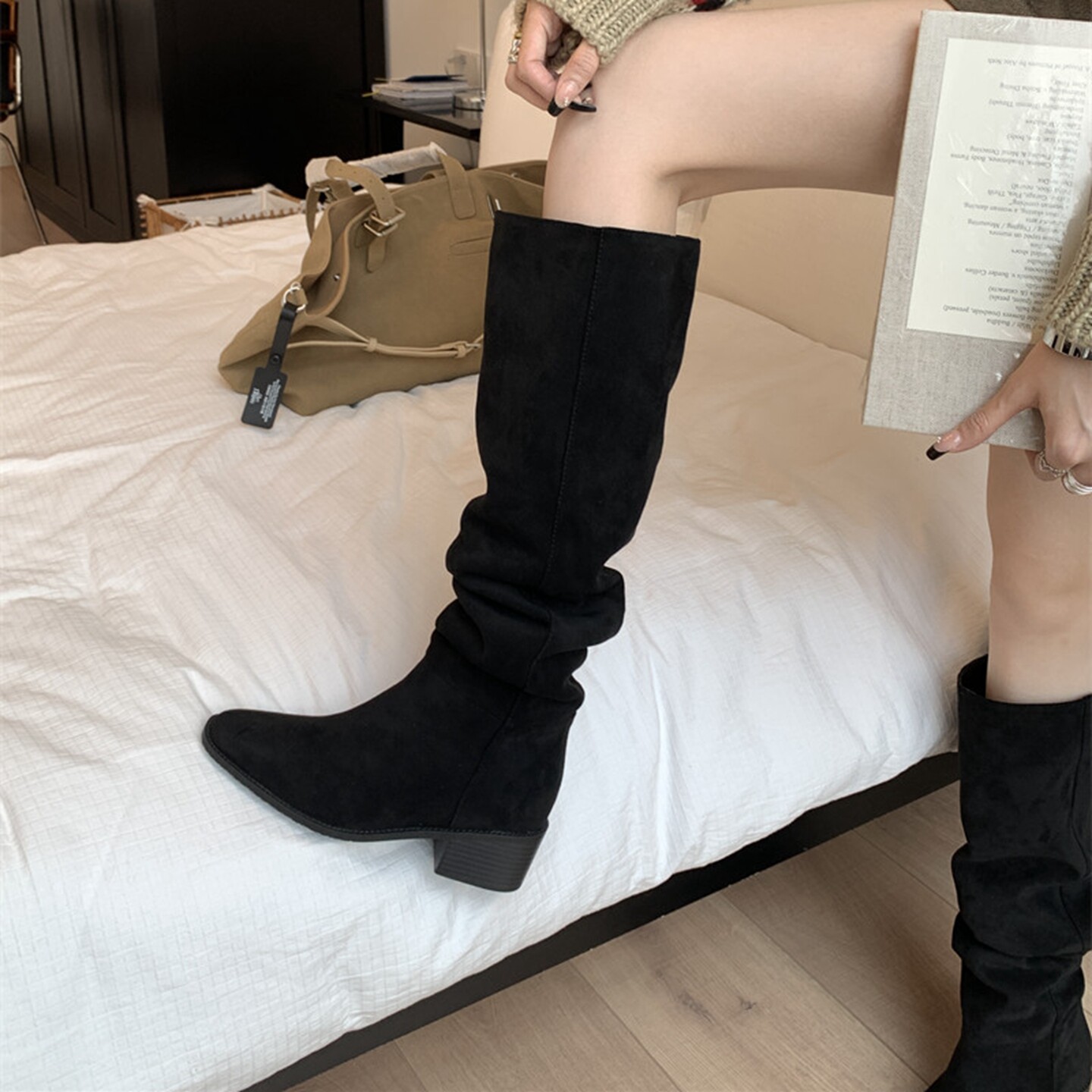粗跟绒面方头过膝长靴女2025秋冬新款两穿堆堆靴韩版套筒时装靴女