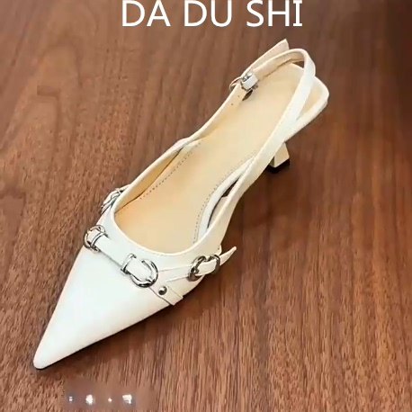 羊皮版~金属扣尖头细跟单鞋女法式浅口後空高跟鞋气质配裙子凉鞋,女鞋,时装凉鞋,淘宝优惠券,粉丝福利购,淘宝优惠卷