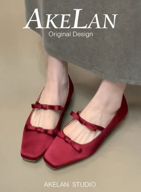 羊皮版~红色气质玛丽珍鞋女春秋2025新款法式蝴蝶结方头粗跟单鞋