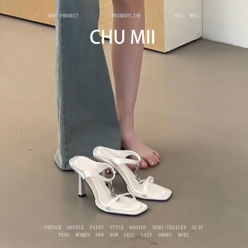 羊皮版~法式方头细跟高跟鞋女气质百搭一字带凉拖鞋小众露趾凉鞋