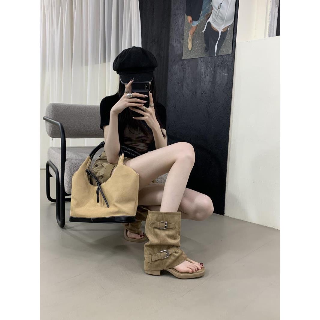 法式复古罗马粗跟凉靴女夏百搭夹趾中筒牛仔西部靴春秋时髦漏趾靴